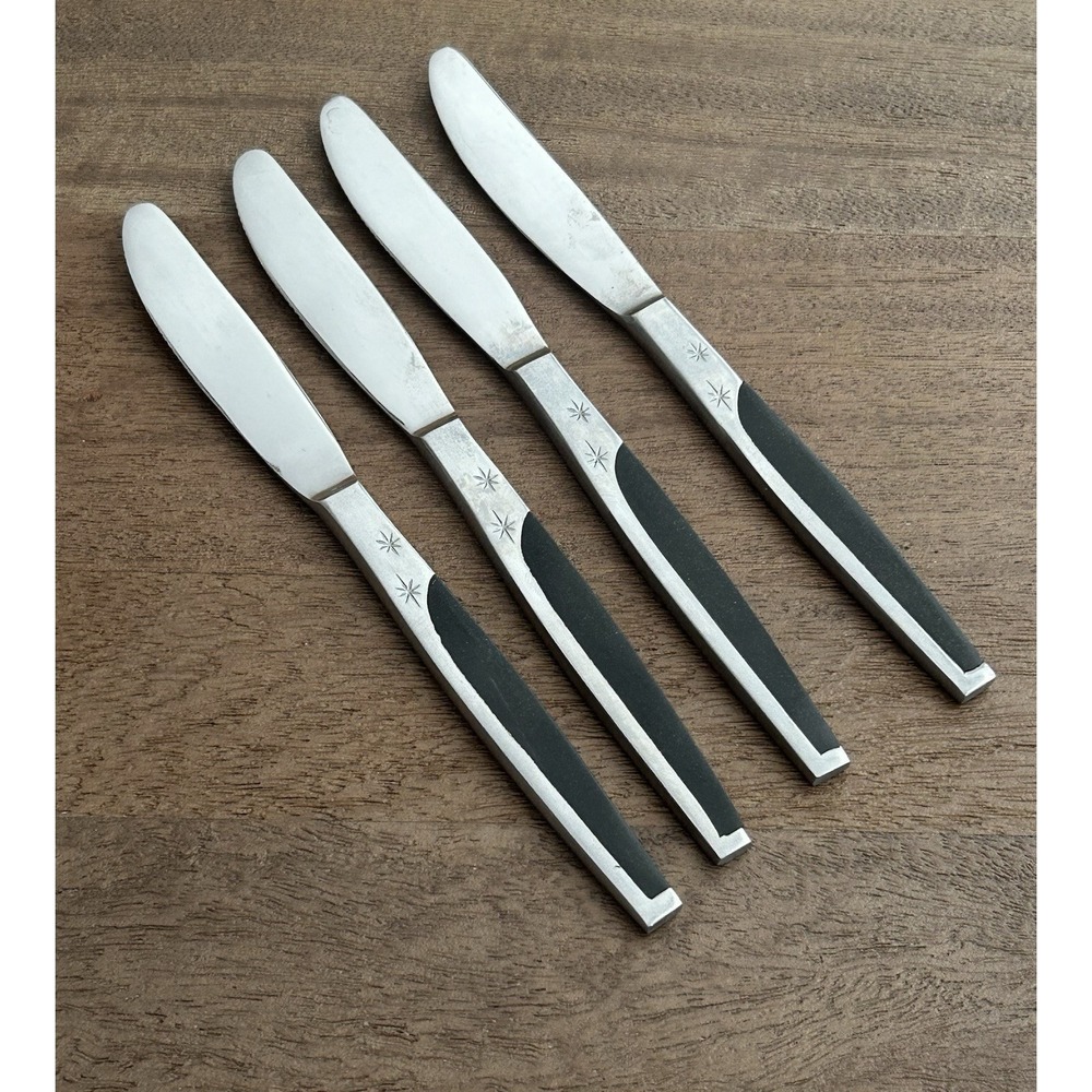 Vintage Mar-Crest Ebony 4 Butter Knives MCFMCF3 Stainless Atomic Starburst Japan